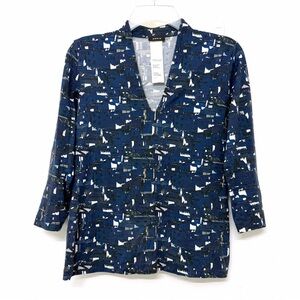 Akris Chefchaouen Print Top Blouse Cotton Navy Blue Building City Geo 8